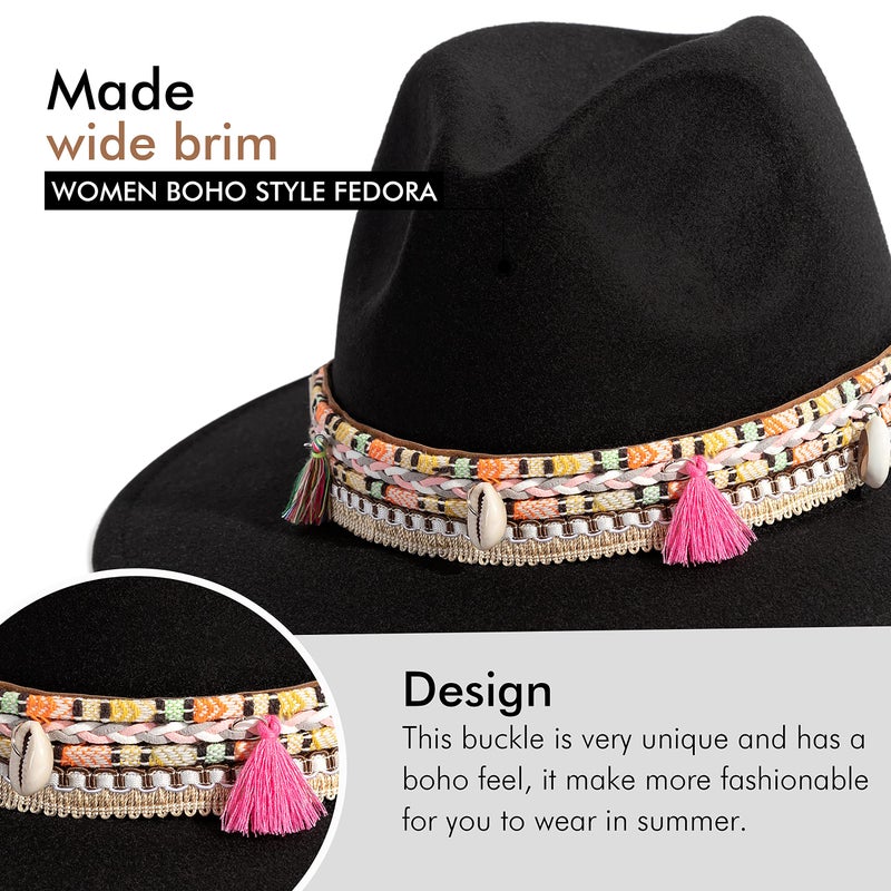 Gossifan Women's Felt Fedora Hat Wide Brim Panama Hats with Tassel-Black - Image 3
